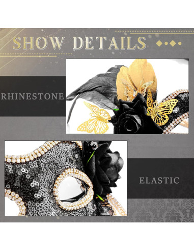 Máscara de Mascarada Negra con Plumas Doradas para Mujeres