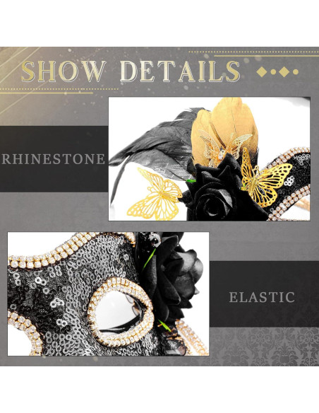 Máscara de Mascarada Negra con Plumas Doradas para Mujeres