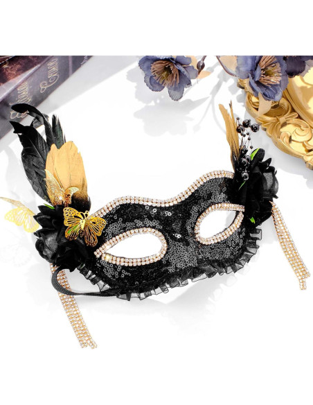 Máscara de Mascarada Negra con Plumas Doradas para Mujeres