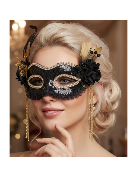 Máscara de Mascarada Negra con Plumas Doradas para Mujeres