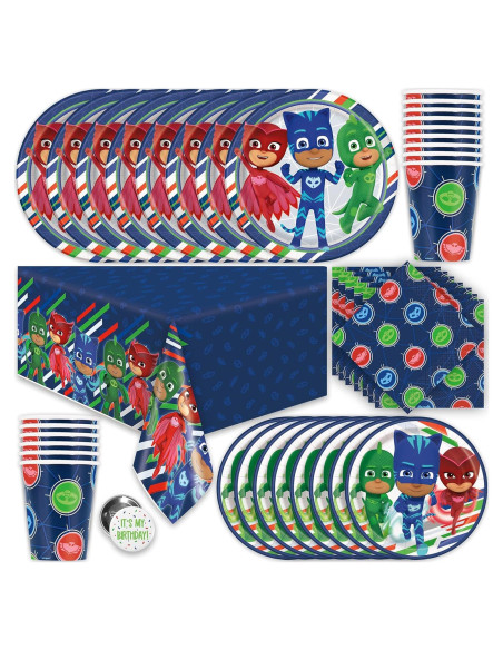 Kit de Fiesta de Cumpleaños PJ Masks - 16 Invitados, Decoraciones y Vajilla