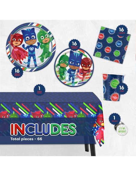 Kit de Fiesta de Cumpleaños PJ Masks - 16 Invitados, Decoraciones y Vajilla