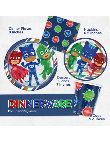 Kit de Fiesta de Cumpleaños PJ Masks - 16 Invitados, Decoraciones y Vajilla