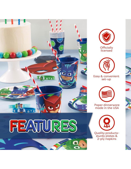Kit de Fiesta de Cumpleaños PJ Masks - 16 Invitados, Decoraciones y Vajilla