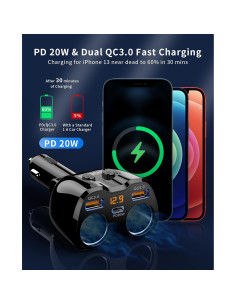 Divisor de Encendedor de Cigarrillos SUPERONE 180W Doble USB C 2