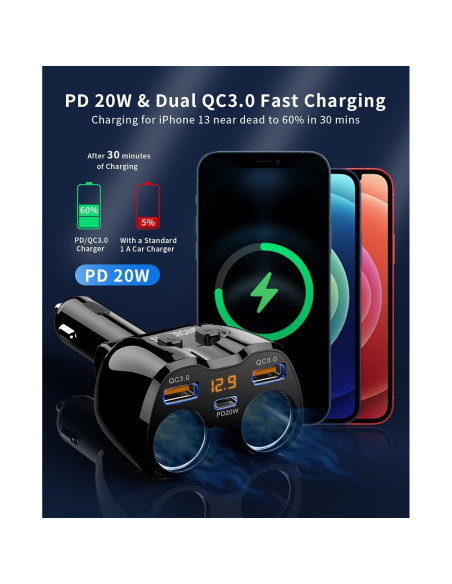 Divisor de Encendedor de Cigarrillos SUPERONE 180W Doble USB C