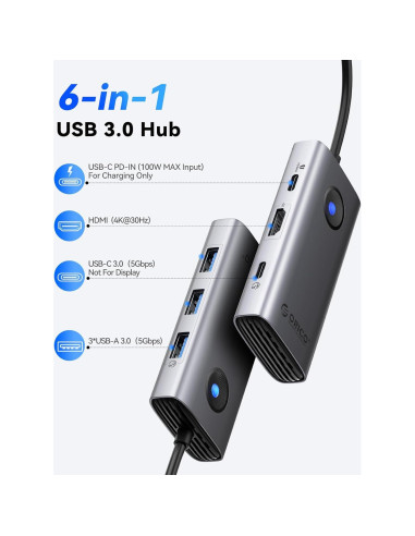 Hub USB C 6-en-1 ORICO PW11-6P-GY con HDMI 4K y 100W PD
