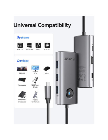 Hub USB C 6-en-1 ORICO PW11-6P-GY con HDMI 4K y 100W PD