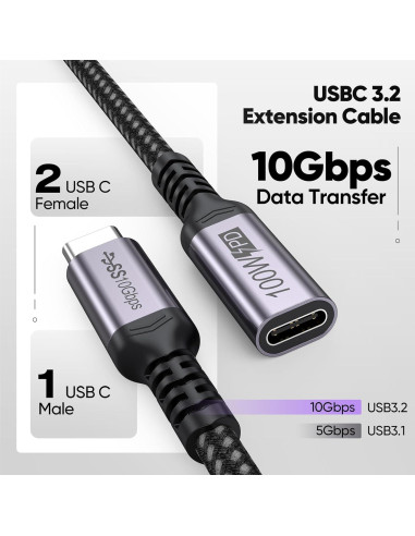 Cable de Extensión USB C 3 pies DteeDck 10Gbps 100W 4K