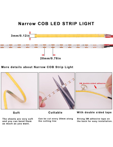 Cinta LED COB 12V 3mm TOPAI 6000K 5m Luz Blanca Brillante