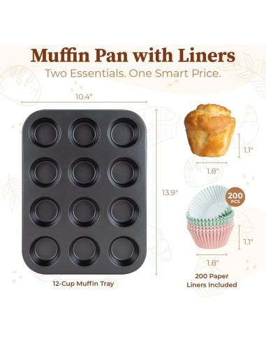 Moldes para Muffin Antiadherentes CARTMAN 12 Tazas x 2 + 200 Forros