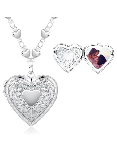 Collar medallón corazón plateado para mujeres con fotos