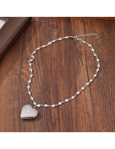Collar medallón corazón plateado para mujeres con fotos