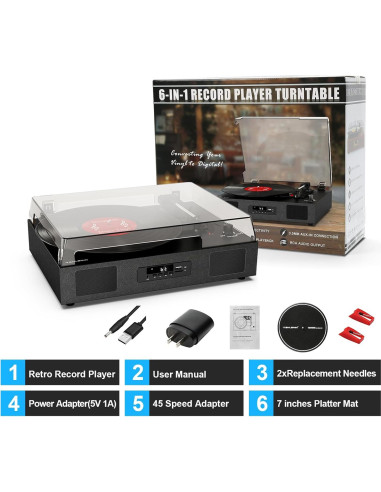 Tocadiscos Vintage TANLANIN 3 Velocidades Bluetooth USB Negro