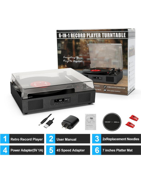 Tocadiscos Vintage TANLANIN 3 Velocidades Bluetooth USB Negro