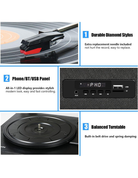 Tocadiscos Vintage TANLANIN 3 Velocidades Bluetooth USB Negro