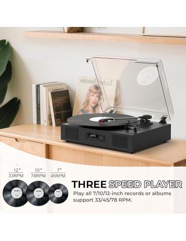 Tocadiscos Vintage TANLANIN 3 Velocidades Bluetooth USB Negro