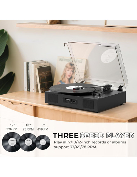 Tocadiscos Vintage TANLANIN 3 Velocidades Bluetooth USB Negro