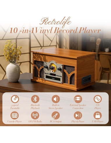 Reproductor de discos 10 en 1 Retrolife caoba con Bluetooth