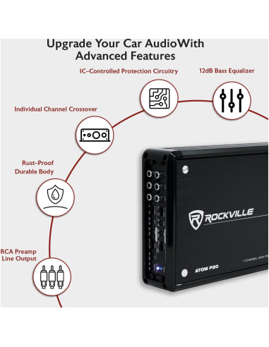 Amplificador Marino Rockville ATOM P20 1600W 4 Canales Bluetooth