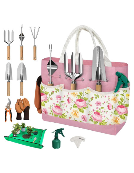Juego de herramientas de jardín OUREST 22 piezas con bolsa rosa