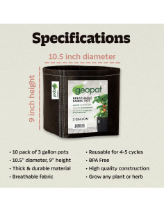 Bolsas de Cultivo de Tela GeoPot 3 Galones - Paquete de 10 2