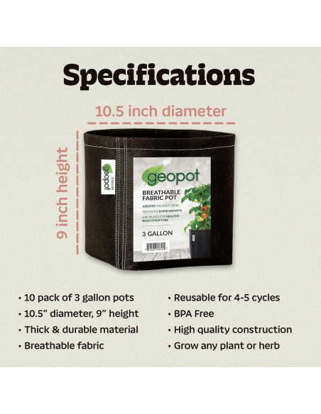 Bolsas de Cultivo de Tela GeoPot 3 Galones - Paquete de 10