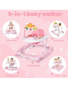 Andador 5-en-1 Plegable para Bebés Rosa - Altura Ajustable 2