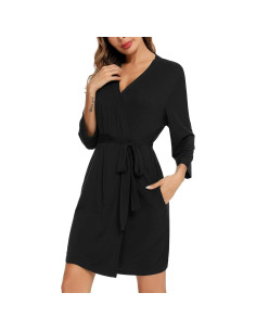 Bata Corta de Seda para Mujeres Samring - Kimono Negro 2