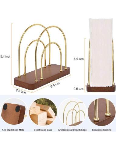 Soporte de Servilletas Qiannhee Dorado con Base de Madera de Haya