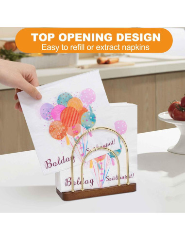 Soporte de Servilletas Qiannhee Dorado con Base de Madera de Haya