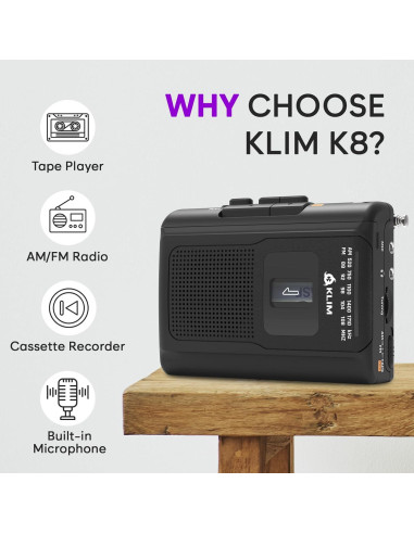 Reproductor de Cinta KLIM K8 Portátil con Radio AM/FM - Negro