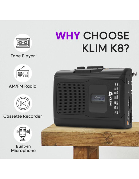 Reproductor de Cinta KLIM K8 Portátil con Radio AM/FM - Negro