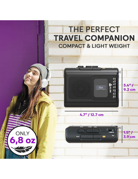 Reproductor de Cinta KLIM K8 Portátil con Radio AM/FM - Negro