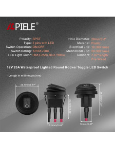 Interruptor de Palanca APIELE KCD1-8-101NW 12V 20A LED 20mm 2