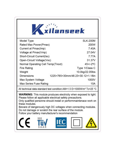 Panel Solar Monocristalino N-Type 200W Xilanseek Alta Eficiencia
