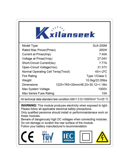 Panel Solar Monocristalino N-Type 200W Xilanseek Alta Eficiencia