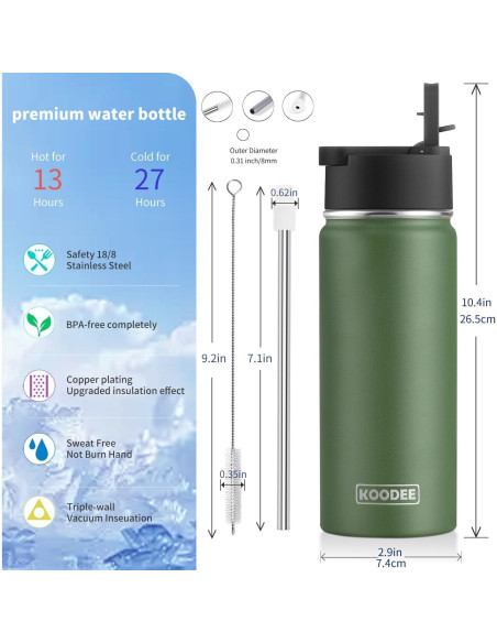 Botella de Agua Aislada Koodee 532 ml Acero Inoxidable Verde