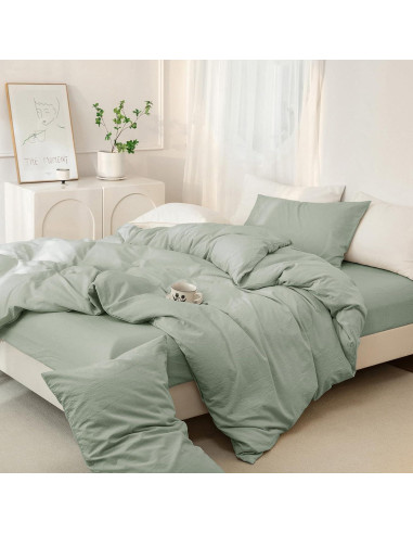 Funda de Edredón Rey JIYUAN Algodón 100% Verde Salvia 3 Piezas