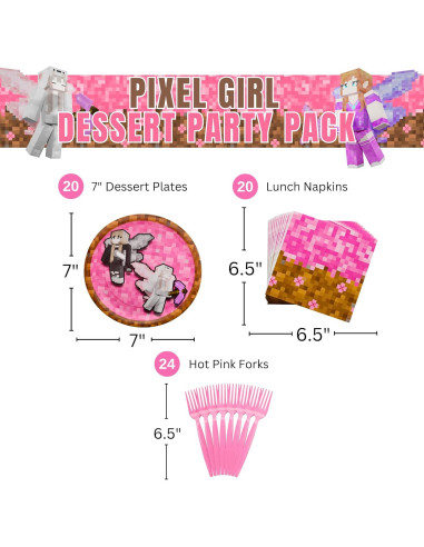 Suministros de Fiesta Pixel Girl 64 Piezas para 20 Invitados