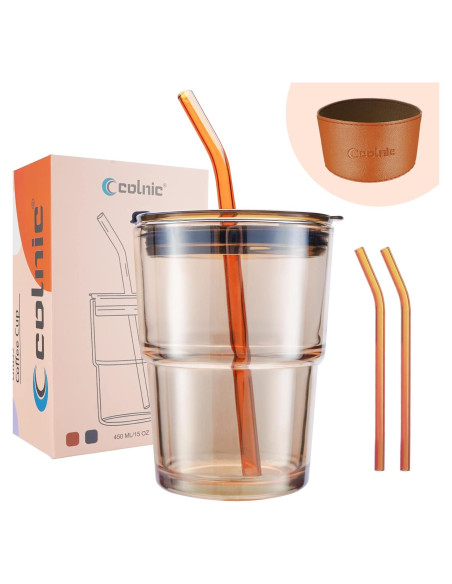Taza de Vidrio Colnic 450ml con Tapa y Pajitas - Ámbar