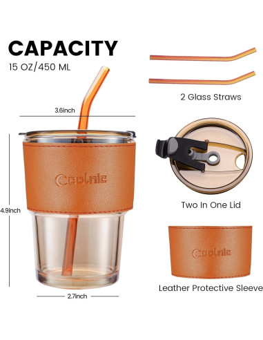 Taza de Vidrio Colnic 450ml con Tapa y Pajitas - Ámbar