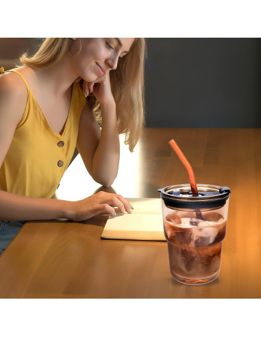 Taza de Vidrio Colnic 450ml con Tapa y Pajitas - Ámbar