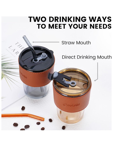 Taza de Vidrio Colnic 450ml con Tapa y Pajitas - Ámbar