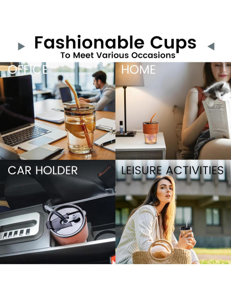 Taza de Vidrio Colnic 450ml con Tapa y Pajitas - Ámbar