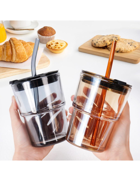 Taza de Vidrio Colnic 450ml con Tapa y Pajitas - Ámbar