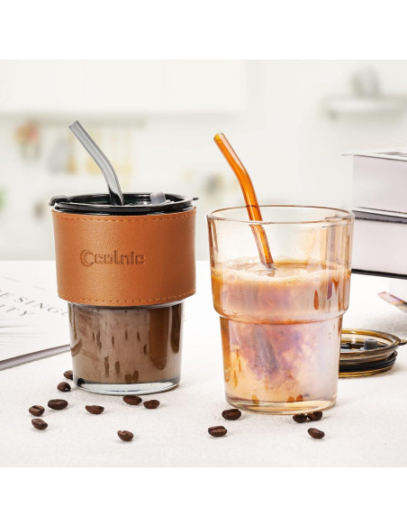 Taza de Vidrio Colnic 450ml con Tapa y Pajitas - Ámbar