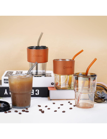 Taza de Vidrio Colnic 450ml con Tapa y Pajitas - Ámbar