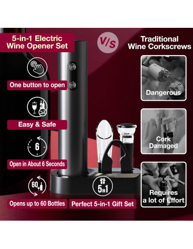 Juego de Abridor de Vino Eléctrico 5 en 1 CREERJOY Negro