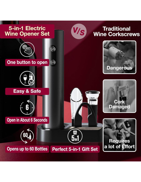 Juego de Abridor de Vino Eléctrico 5 en 1 CREERJOY Negro